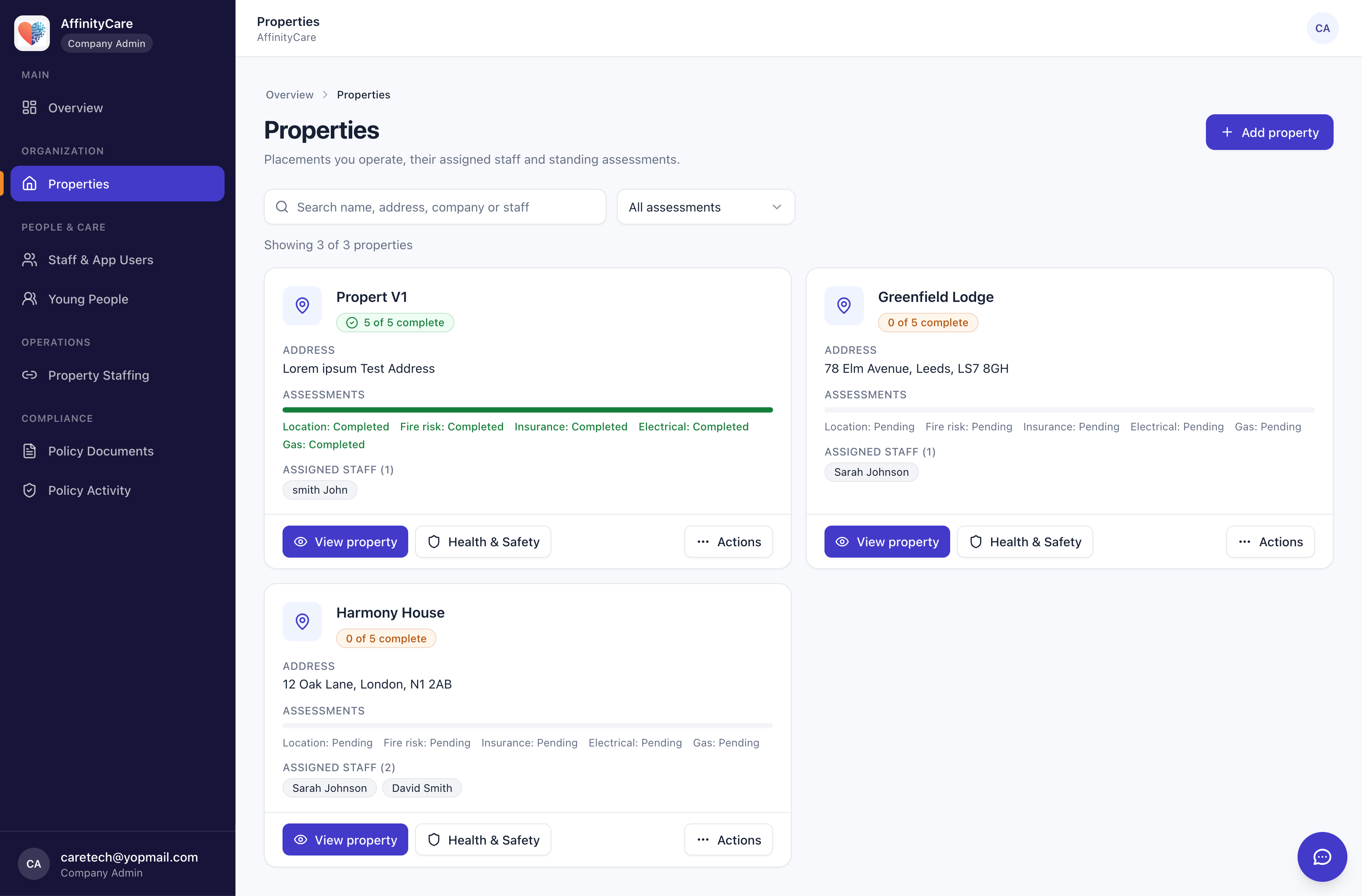 AffinityCare web dashboard — Properties